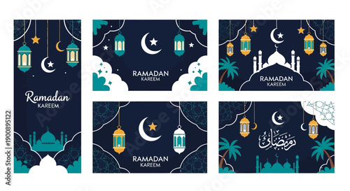 Collection of dark blue Ramadan Kareem banners featuring Islamic lanterns, crescent moons, stars, and mosque silhouettes, perfect for holiday greetings.