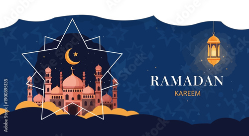 Ramadan Kareem greeting with a mosque, crescent moon, and lantern on a starry night sky.