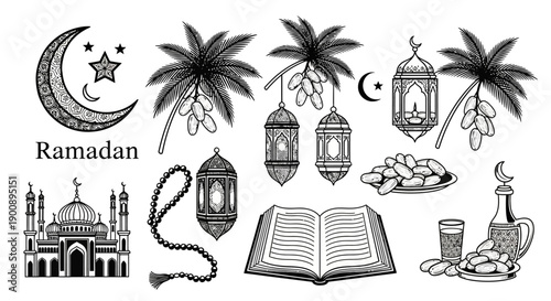 Black and white vector illustration set of Islamic religious symbols and items for Ramadan celebration.