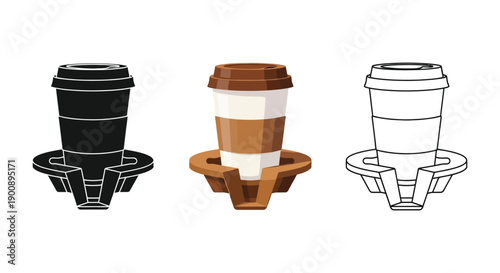 Coffee cup holder icon set with disposable cups in solid black, color, and outline styles