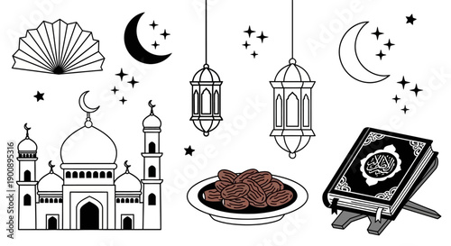 Black and white line art illustration of Islamic religious symbols including mosque, crescent moon, stars, lanterns, dates, and Quran.