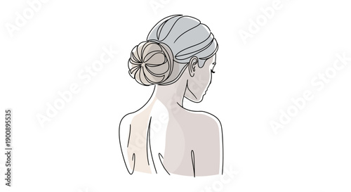 Elegant line art illustration of a woman's back with a stylish bun hairstyle, showcasing her shoulders.