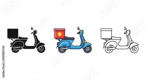 Delivery scooter icon set showing moped with cargo box in color, outline, and silhouette styles