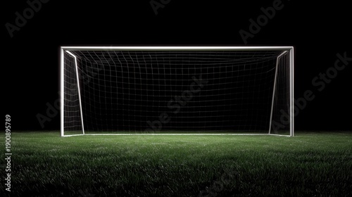 A soccer goal on a grassy field, isolated against a black background.