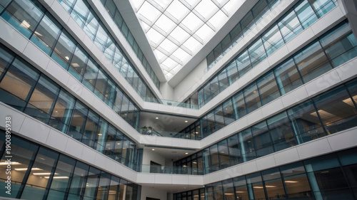 Modern interior architecture of a glass atrium with a geometric skylight above