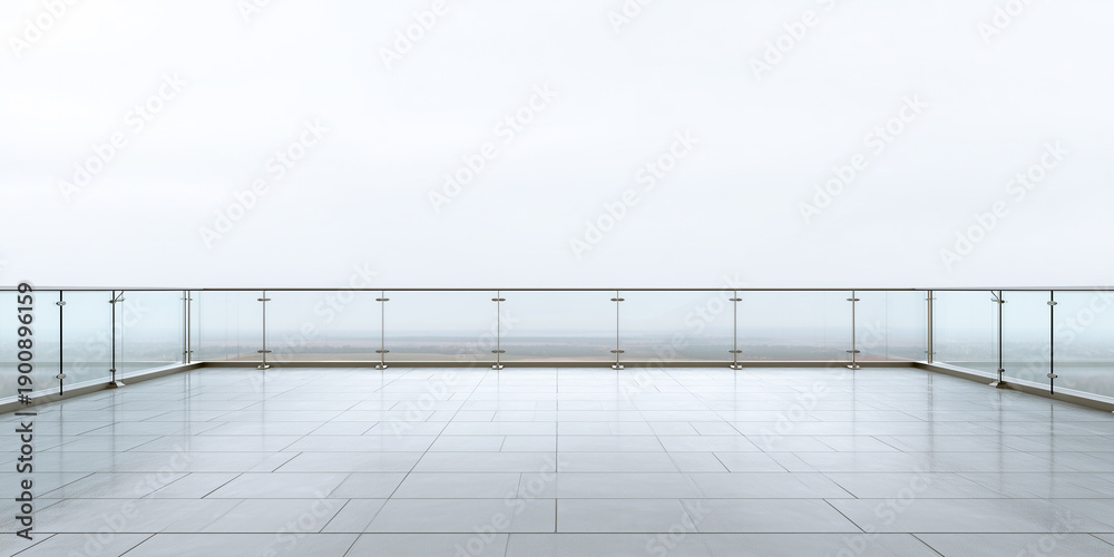 Fototapeta premium empty transparent glass terrace floor with frameless railings for sky high architecture concept isolated on white background top view
