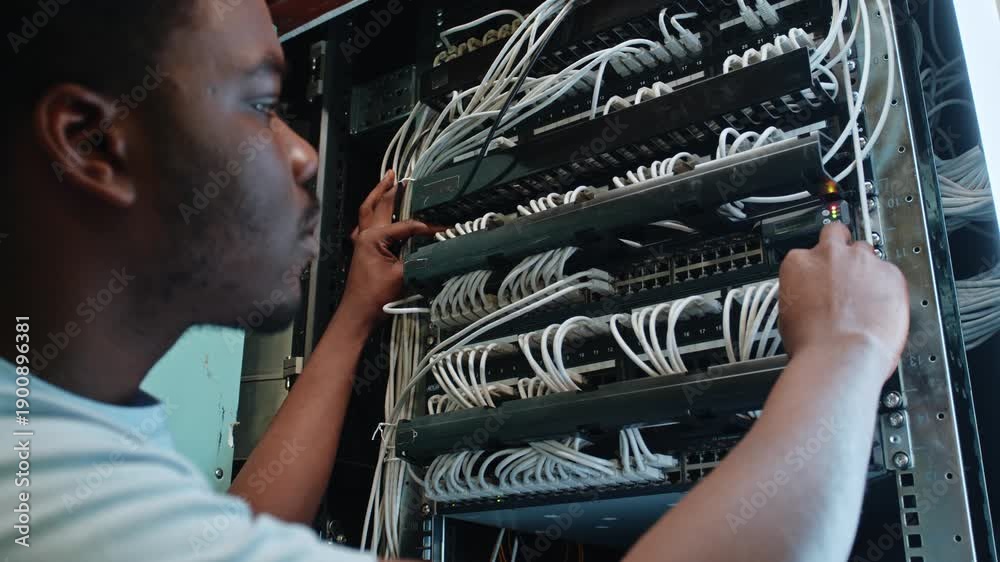 Server Rack Man Man works on server rack in data center at night during maintenance and ...