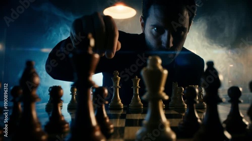 Man playing chess making a strategic move with a piece on a board. Close-up of a hand in a suit in a dramatic smoky atmosphere. Business strategy and intelligence concept