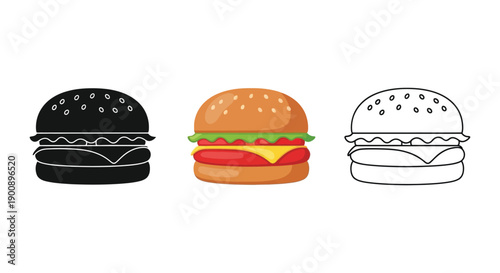 Hamburger icon set in solid black silhouette, full color illustration, and outline styles