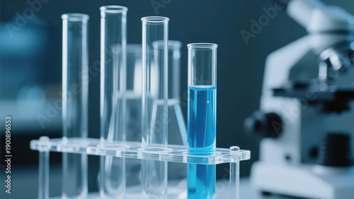 In a laboratory setting, test tubes containing blue reagents are placed on a rack, presenting a professional atmosphere of scientific research and experiments, making it a material image suitable for 