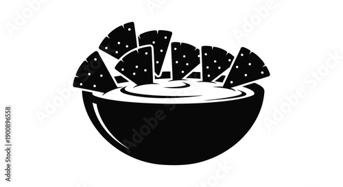 A simple black and white illustration depicts a round bowl filled with a creamy dip and tortilla chips