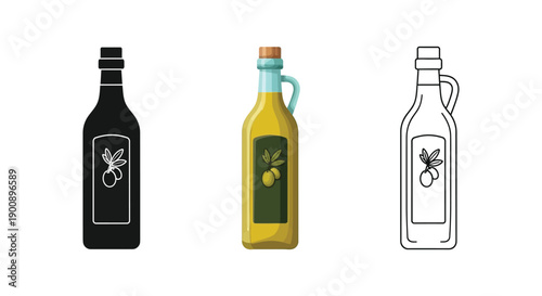 Olive oil bottle icon set in black silhouette, color illustration, and outline styles