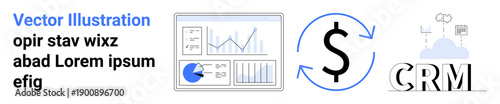 Financial analytics dashboard, dollar sign with arrows indicating flow, and CRM label with cloud icon. Ideal for business, finance, data management, marketing, CRM, strategy simple landing page