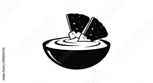 A minimalist black and white illustration depicts a bowl of dip with two tortilla chips inserted high quality