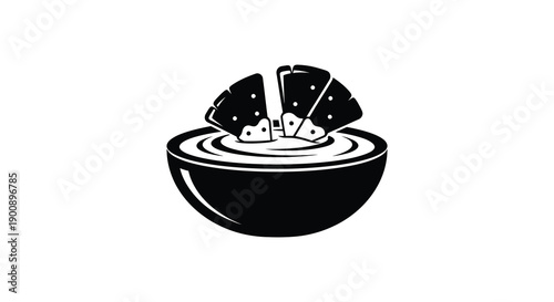 A minimalist black and white illustration depicts a bowl of hummus with scattered black sesame seeds and tortilla chips