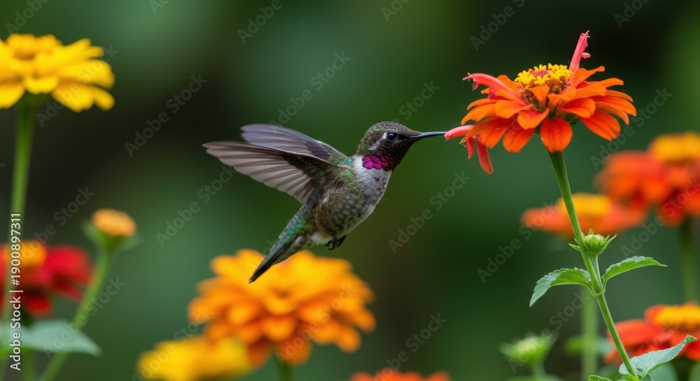 Obraz premium A hummingbird sips nectar from a vibrant orange flower