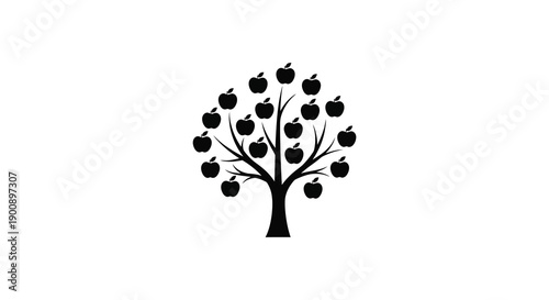 A minimalist black silhouette depicts a tree laden with round dark apples against a plain white background