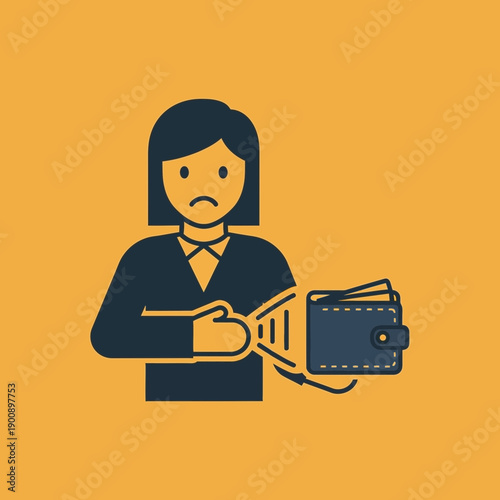 Illustration of a woman with a sad facial expression holding an open wallet.
