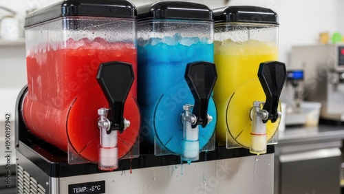 Colorful frozen drink dispensers offering a variety of refreshing beverages and flavors