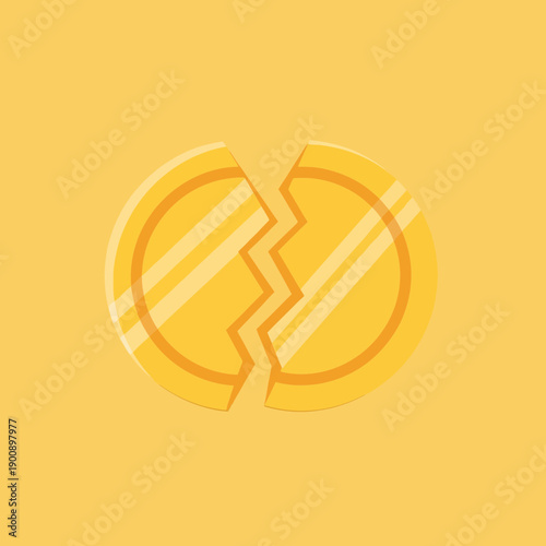 Broken yellow heart with a jagged crack in the center on a yellow background.