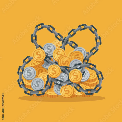 Coins trapped in chains on a yellow background.