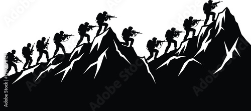 Military squad silhouettes climbing mountain ridge, armed soldiers advancing uphill with rifles, tactical combat mission, teamwork strategy, isolated black illustration