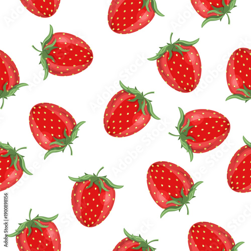 Seamless pattern of ripe, juicy strawberries on a white background. Vector pattern of strawberries for textiles, backgrounds, packaging, and notebook covers.
