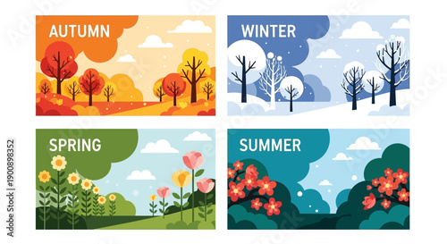 Four distinct landscape illustrations depicting the changing seasons: Autumn, Winter, Spring, and Summer.