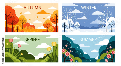 Four distinct banners depicting the changing seasons: Autumn, Winter, Spring, and Summer, with characteristic flora and weather.