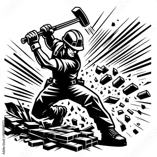 Demolition Worker Breaking Bricks