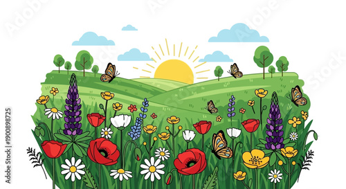 A vibrant meadow filled with colorful wildflowers and butterflies under a bright, sunny sky with rolling green hills in the background.