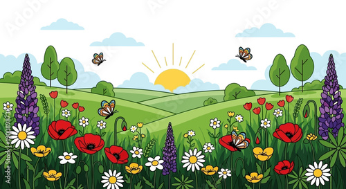 A vibrant and colorful meadow filled with blooming wildflowers and butterflies under a bright sunny sky.
