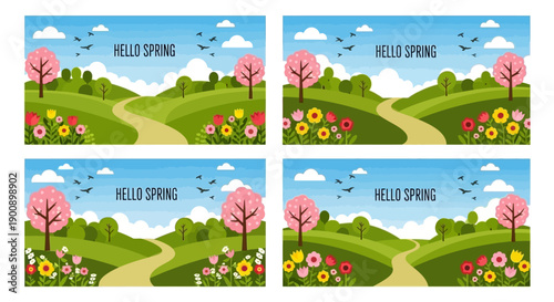 Four vibrant spring landscape banners featuring rolling green hills, blooming trees, colorful flowers, and a winding path under a blue sky with clouds and birds.