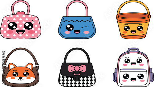 Cute Cartoon Handbags and Backpacks with Fun Faces – Kids Vector Illustration