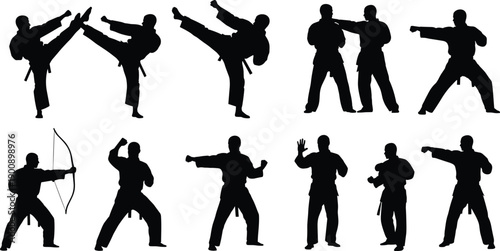 Silhouette, martial, arts, fighters, karate, taekwondo, poses, kicks, punches, training, combat, self, defense, collection, isolated, white, background, fitness, strength, illustration