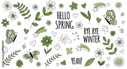 A collection of hand-drawn spring-themed illustrations including butterflies, flowers, leaves, shooting stars, and text phrases like "Hello Spring", "Bye Bye Winter", and "Yeah!".