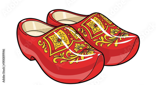 A pair of traditional red Dutch wooden clogs with ornate yellow and red floral patterns.
