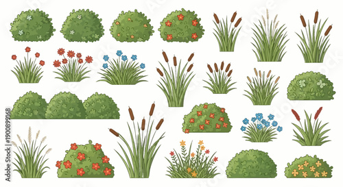 A collection of various cartoon-style plants and bushes, including flowering bushes, ornamental grasses, and cattails, arranged in a grid.