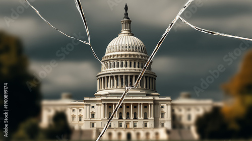 Political Crisis and Division in the United States, Cracked US Capitol Symbolizing Democracy Under Pressure