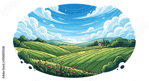 Vibrant cartoon illustration of rolling green hills under a bright blue sky with fluffy white clouds, featuring a small house and blooming wildflowers.