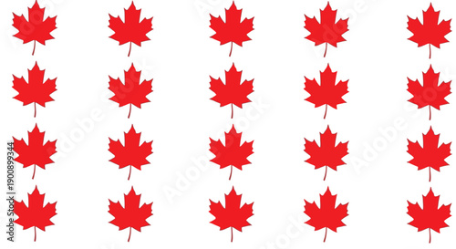 A grid of 20 red maple leaves arranged in five rows and four columns on a white background.