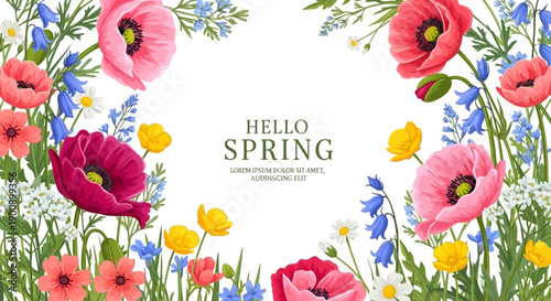 A vibrant illustration of a spring floral arrangement featuring poppies, bluebells, and buttercups with the text "HELLO SPRING" in the center.