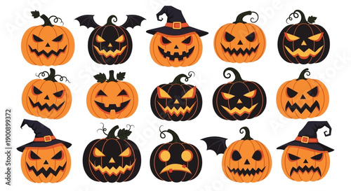 A collection of carved Halloween pumpkins with spooky faces and some wearing witch hats, set against a white background.