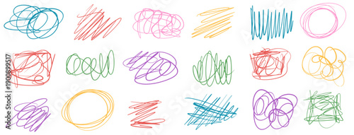 Colorful pen childish abstract doodles. Scribbles, kids naive expressive scratches set. Kindergarten lines, circles, spontaneously underlines and scrawl. Vector pencil scratches on transparent bg.