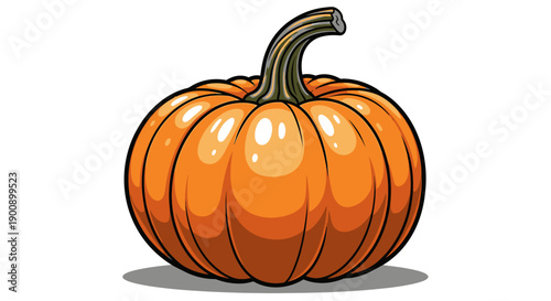 A vibrant, cartoon-style illustration of a ripe orange pumpkin with a green stem, casting a subtle shadow on a white background.