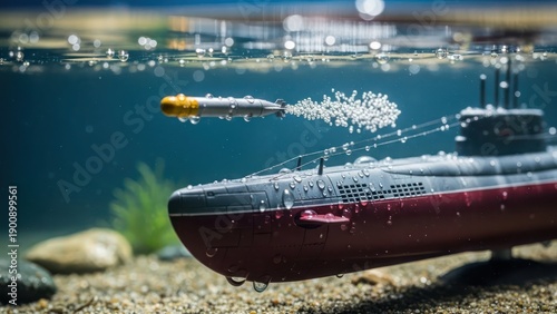 Underwater encounter with a miniature submarine launching a torpedo in a controlled environment