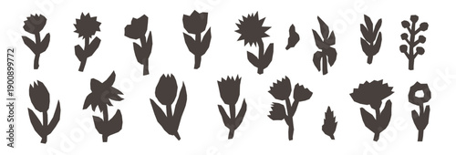 Chamomile, poppy flower, leaves paper cutouts silhouette. Daisy doodle simple angular stickers. Scrapbook summer naive torn elements for fun scrawl design. Vector scribble collage isolated.