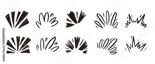 Chalk drawn comic effect twinkle lines, doodle star playful pencil sparkle. Black graphic element with dynamic rays bring whimsical energy to creative comic project. Vector firework set isolated set.