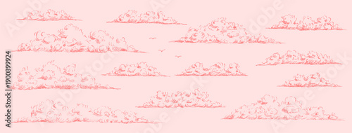 Whimsical heaven clouds illustration with pen doodles. Pastel sky with playful cloudy elements in pencil-textured hatching design for dreamy or nature-themed decor. Vector naive windy pink background.