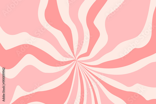 Cream texture candy starburst background. Retro spiral sun rays backdrop. Abstract girly illustration. Vector wavy dynamic lines decoration. Carnival stripes vintage design.